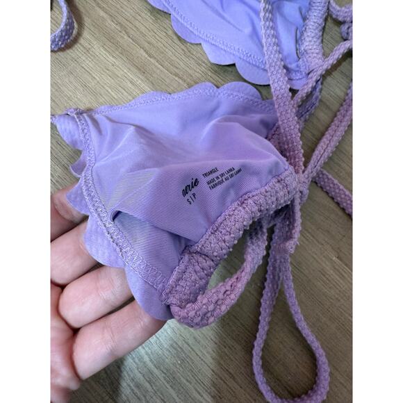 aerie Waffle Scalloped String Triangle Bikini Top & Bottom Set Purple Small - Picture 3 of 6
